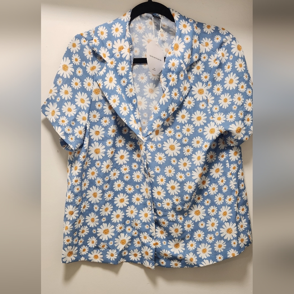 Floral Blue Short Sleeve Blouse XL